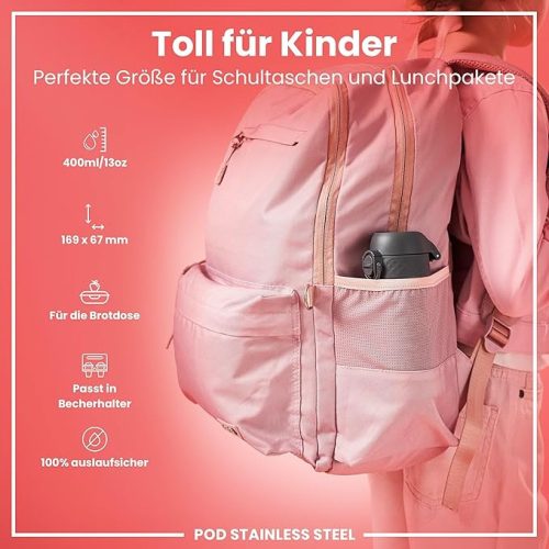 Ion8 rozsdamentes acél kulacs gyerekeknek – szivárgásmentes, egykezes nyitással, biztonsági zárral, szürke, 400 ml