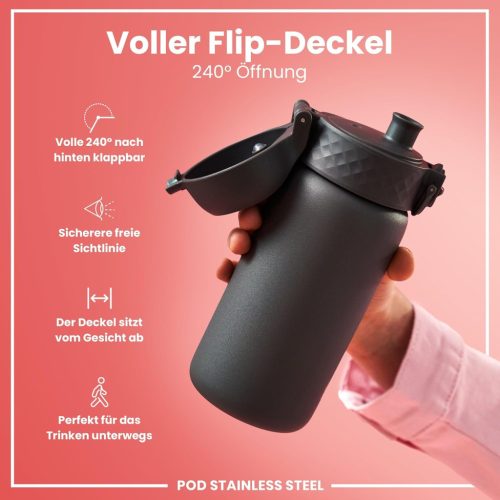 Ion8 rozsdamentes acél kulacs gyerekeknek – szivárgásmentes, egykezes nyitással, biztonsági zárral, szürke, 400 ml