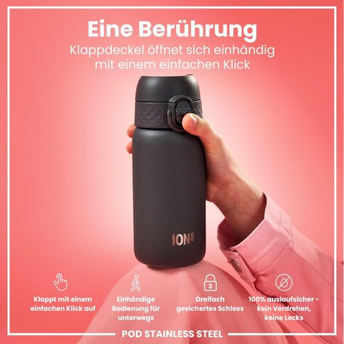 Ion8 rozsdamentes acél kulacs gyerekeknek – szivárgásmentes, egykezes nyitással, biztonsági zárral, szürke, 400 ml