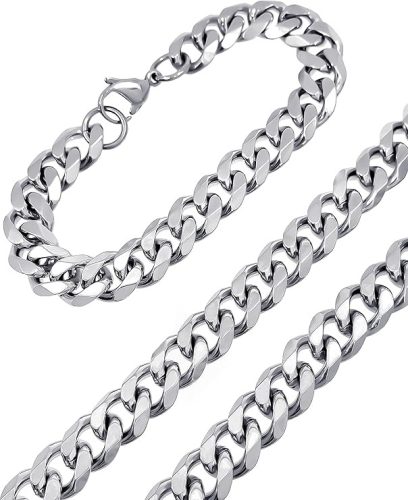 RUGGED STEEL rozsdamentes acél kubai szemű lánc és karkötő szett 10 mm széles