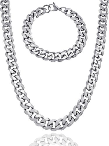 RUGGED STEEL rozsdamentes acél kubai szemű lánc és karkötő szett 10 mm széles