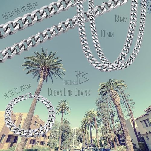 RUGGED STEEL rozsdamentes acél kubai szemű lánc és karkötő szett 10 mm széles